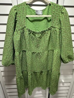 ASOS Lime Green Floral Prt Textured Tiered Long Sleeve Dress